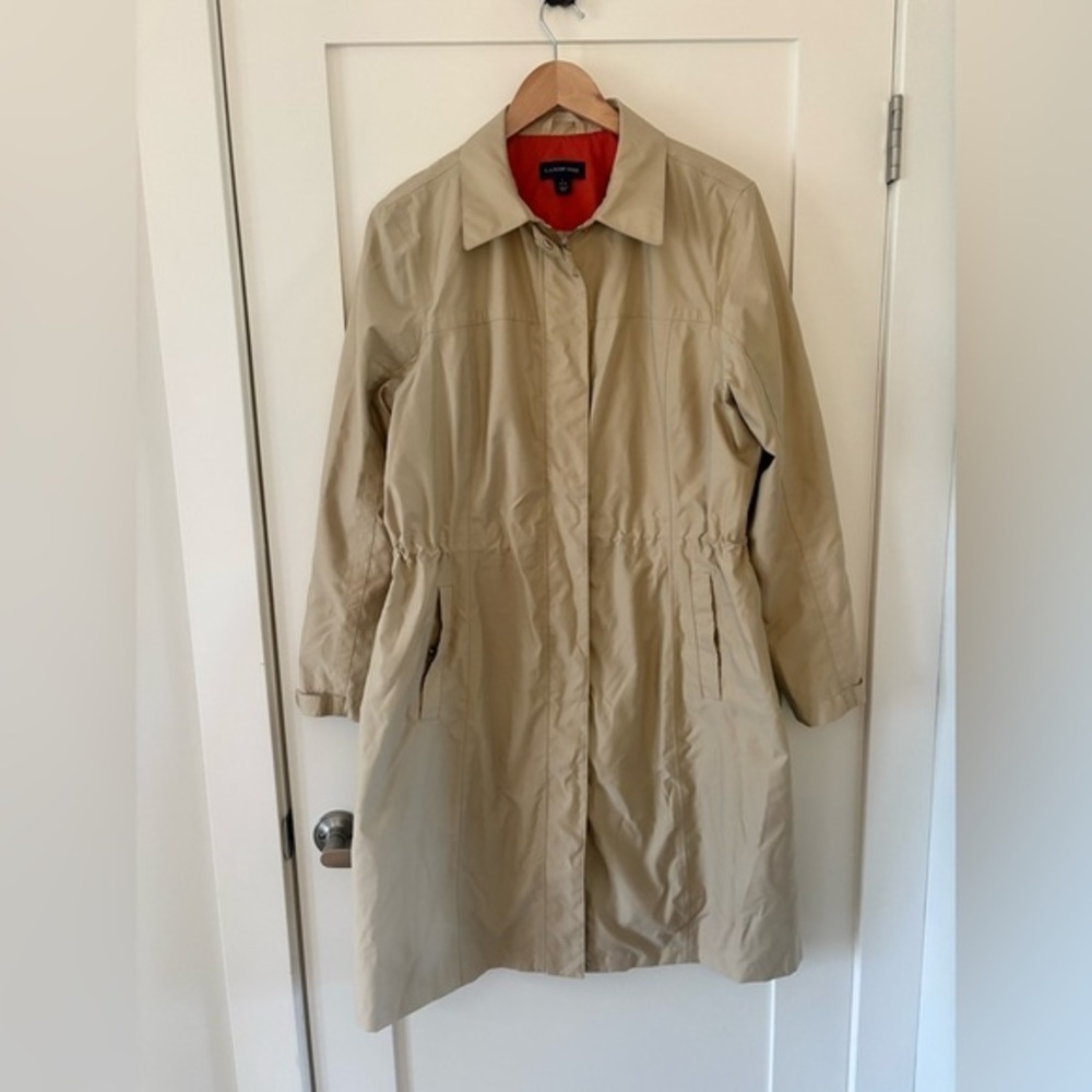 Lands’ End Tan Beige Lightweight Trench Coat Cinched Waist Women’s L 14 16